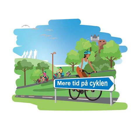 Illustration af cyklist, der cykler på en cykelsti forbi et skilt med en pil i cyklistens retning og teksten 